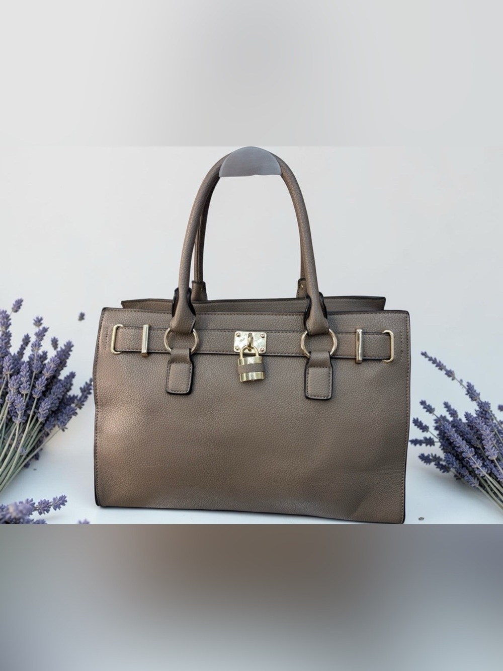Structured Taupe Satchel with Gold Lock Detail